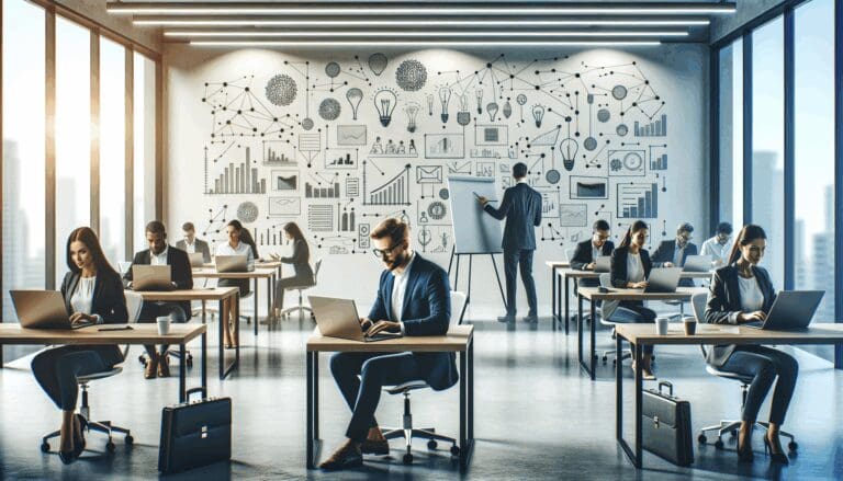 Espacio de coworking moderno con emprendedores trabajando en laptops y pizarras con ideas.