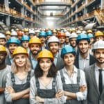 Grupo de estudiantes con cascos en una visita técnica a una empresa minera, rodeados de maquinaria pesada