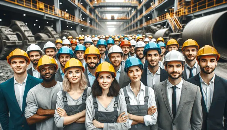 Grupo de estudiantes con cascos en una visita técnica a una empresa minera, rodeados de maquinaria pesada