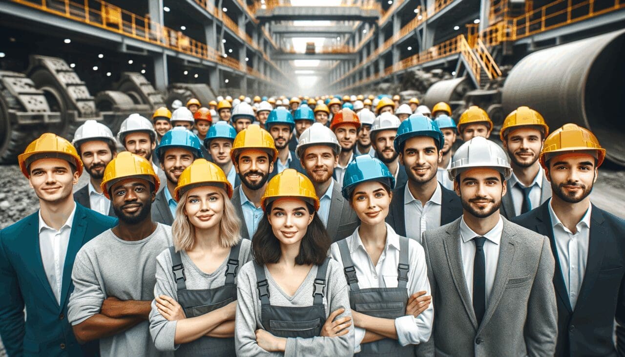 Grupo de estudiantes con cascos en una visita técnica a una empresa minera, rodeados de maquinaria pesada