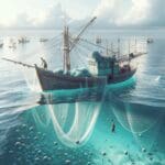 Un bote recolectando redes de pesca del fondo marino rodeado de aguas claras