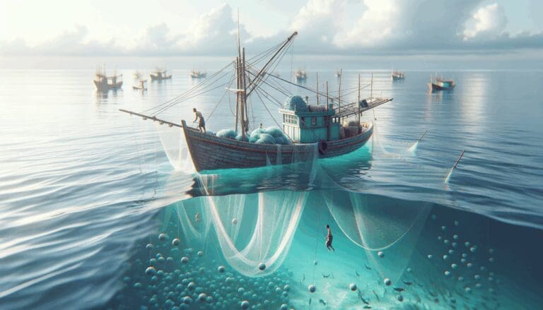 Un bote recolectando redes de pesca del fondo marino rodeado de aguas claras