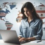 Joven desarrolladora usando una laptop frente a un fondo con mapas y banderas del mundo