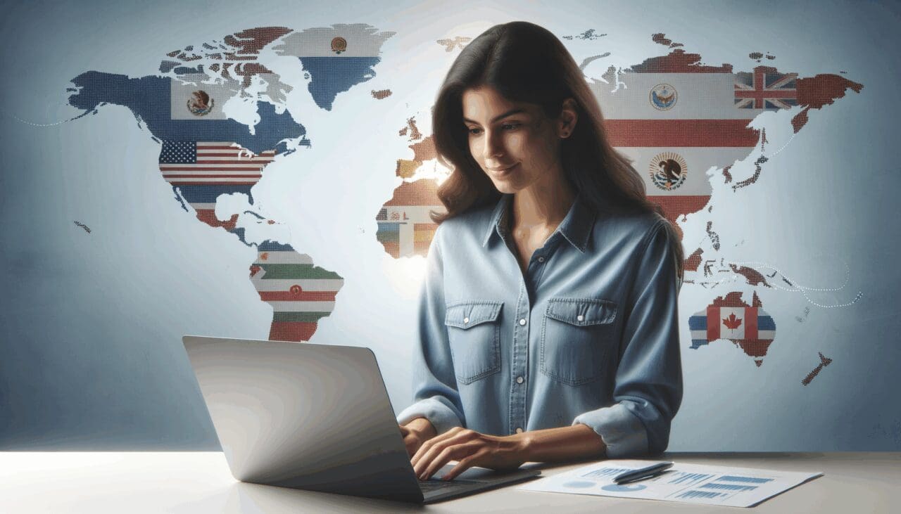 Joven desarrolladora usando una laptop frente a un fondo con mapas y banderas del mundo