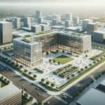 Vista aérea de un centro de innovación rodeado de oficinas modernas y áreas verdes