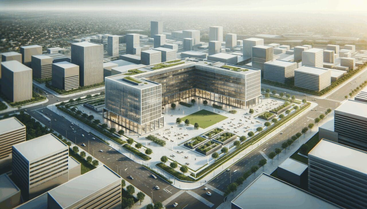 Vista aérea de un centro de innovación rodeado de oficinas modernas y áreas verdes