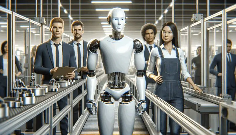 Robot humanoide en una línea de producción automatizada junto a operarios humanos
