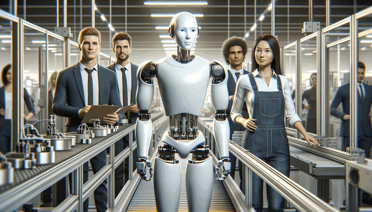 Robot humanoide en una línea de producción automatizada junto a operarios humanos