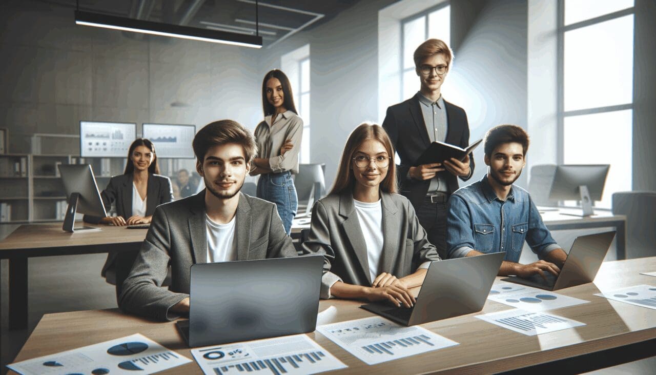 Jóvenes emprendedores trabajando en una oficina moderna con laptops y pantallas grandes.