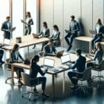 Oficina moderna con emprendedores trabajando en laptops sobre una mesa compartida