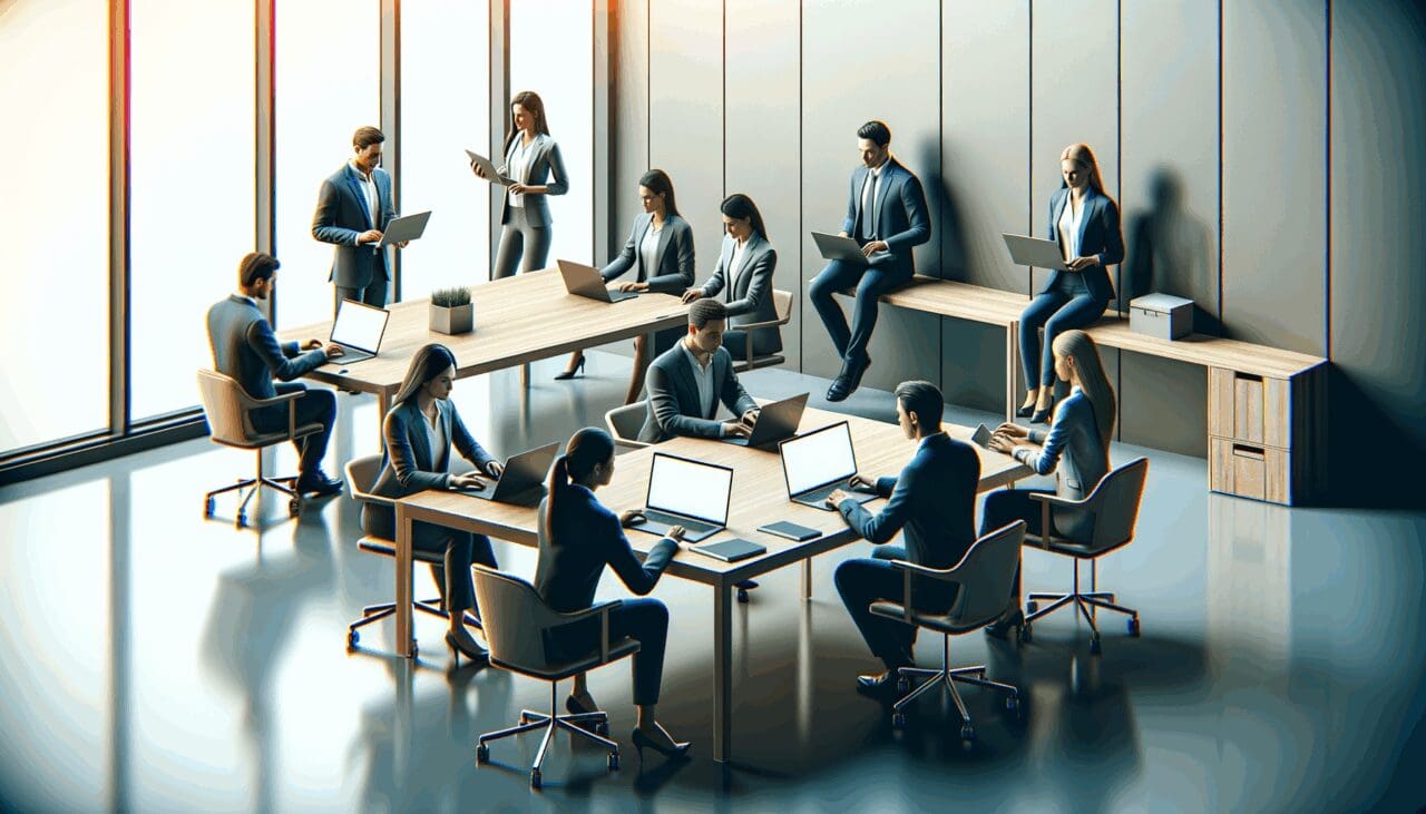 Oficina moderna con emprendedores trabajando en laptops sobre una mesa compartida