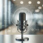 Micrófono en una cabina de radio con fondo tecnológico desenfocado