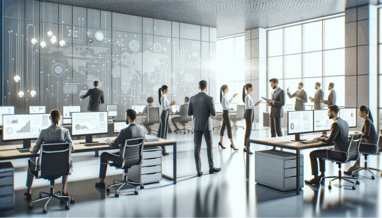 Oficinas modernas con equipos de trabajo colaborando en un ambiente tecnológico.