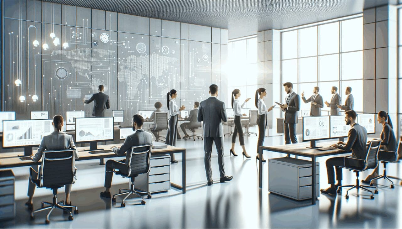 Oficinas modernas con equipos de trabajo colaborando en un ambiente tecnológico.