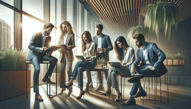 Emprendedores colaborando en un ambiente moderno, rodeado de naturaleza.