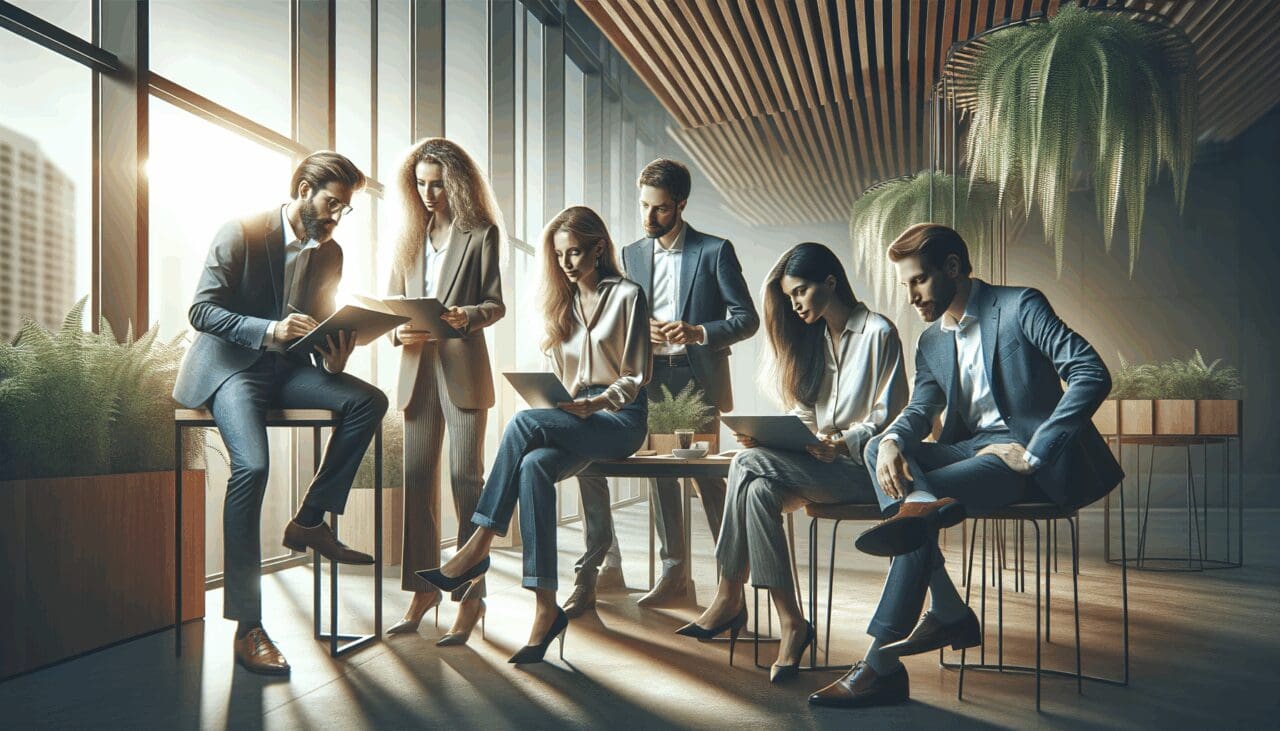 Emprendedores colaborando en un ambiente moderno, rodeado de naturaleza.