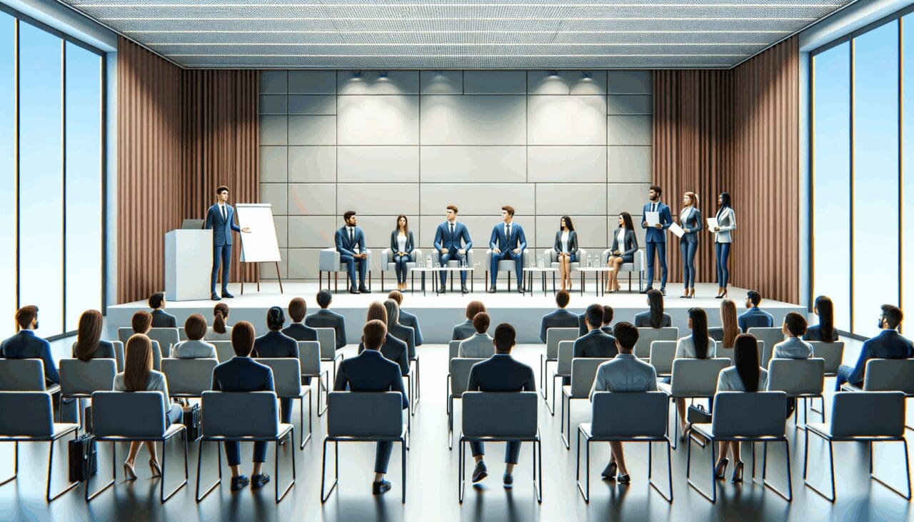 Jóvenes emprendedores presentando sus proyectos frente a un panel de expertos en un auditorio moderno