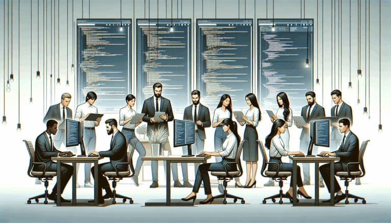 Equipo de trabajo desarrollando tecnología en oficina moderna con pantallas de código.