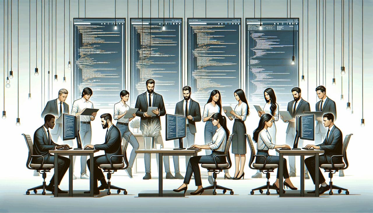 Equipo de trabajo desarrollando tecnología en oficina moderna con pantallas de código.