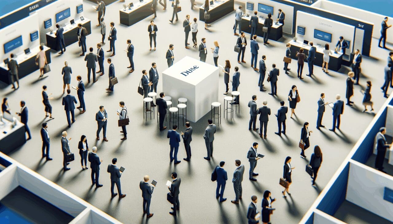 Vista aérea de una conferencia tecnológica con emprendedores interactuando en stands