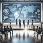 Emprendedores presentando sus ideas en un auditorio moderno con pantallas digitales