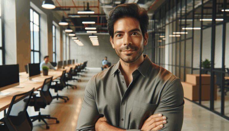 Retrato profesional de Pablo Zamora en un espacio de coworking moderno, ambiente tecnológico.