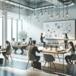 Espacio moderno de coworking con emprendedores colaborando en laptops y pizarras digitales.