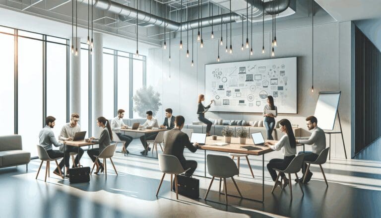 Espacio moderno de coworking con emprendedores colaborando en laptops y pizarras digitales.