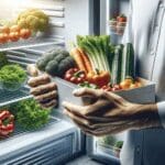 Primer plano de manos sosteniendo productos frescos en una cámara frigorífica moderna