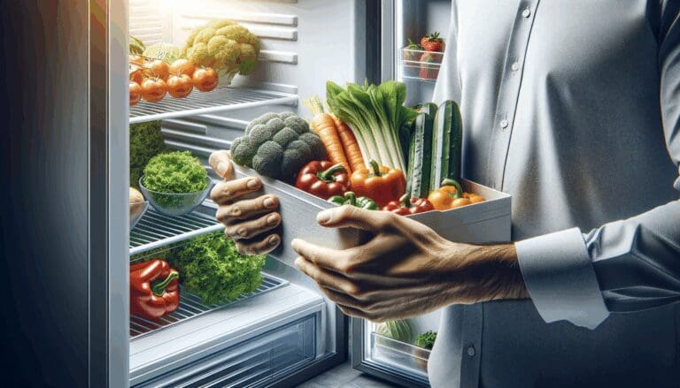 Primer plano de manos sosteniendo productos frescos en una cámara frigorífica moderna