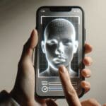 Close-up de un teléfono móvil escaneando un rostro en 3D sobre un fondo neutro, estilo tecnológico y moderno.