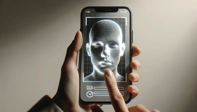 Close-up de un teléfono móvil escaneando un rostro en 3D sobre un fondo neutro, estilo tecnológico y moderno.