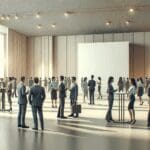 Vista de asistentes interactuando en un evento tecnológico empresarial en interiores modernos