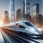 Tren moderno de alta velocidad desplazándose por un paisaje urbano estadounidense al atardecer.