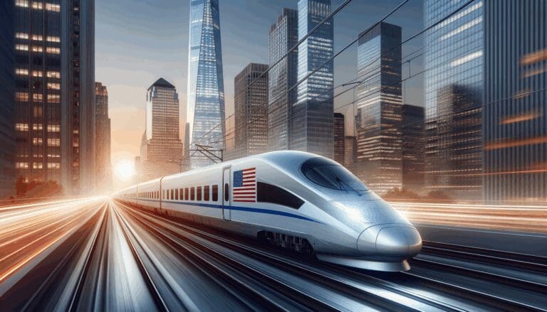 Tren moderno de alta velocidad desplazándose por un paisaje urbano estadounidense al atardecer.