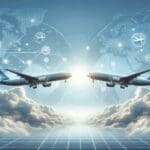 Ilustración de dos aviones conectándose digitalmente sobre un fondo de cielo claro, estilo tecnológico.