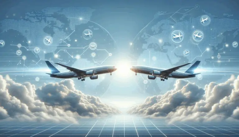 Ilustración de dos aviones conectándose digitalmente sobre un fondo de cielo claro, estilo tecnológico.