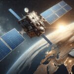 Satélite en órbita sobre la Tierra con fondo de cielo estrellado y detalle de paneles solares.