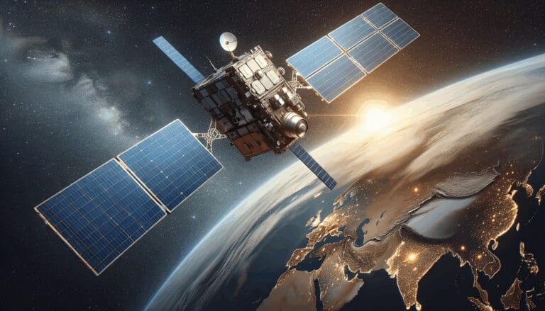 Satélite en órbita sobre la Tierra con fondo de cielo estrellado y detalle de paneles solares.