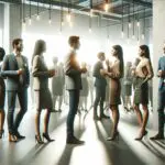 Personas interactuando en un evento de networking en un espacio moderno de coworking.