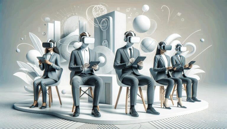 Personas usando visores de realidad virtual en un ambiente moderno y luminoso, con fondos abstractos.