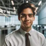 Retrato profesional de un joven emprendedor latinoamericano en un entorno tecnológico moderno.