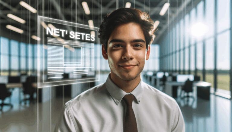 Retrato profesional de un joven emprendedor latinoamericano en un entorno tecnológico moderno.