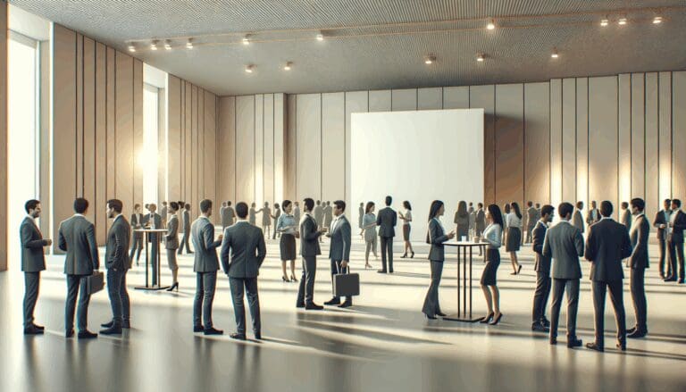 Vista de asistentes interactuando en un evento tecnológico empresarial en interiores modernos