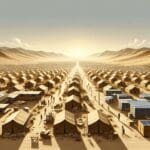 Vista panorámica de tiendas de campaña y estructuras temporales en un entorno desértico, con presencia de tecnología y equipos de ayuda.