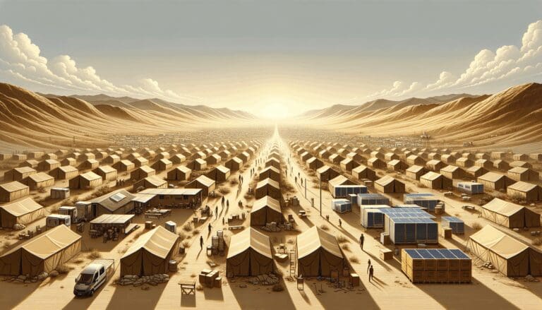 Vista panorámica de tiendas de campaña y estructuras temporales en un entorno desértico, con presencia de tecnología y equipos de ayuda.