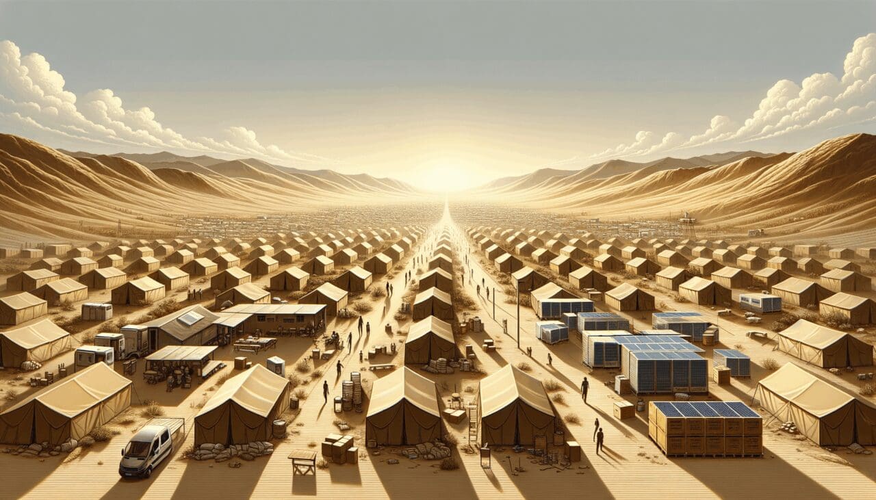 Vista panorámica de tiendas de campaña y estructuras temporales en un entorno desértico, con presencia de tecnología y equipos de ayuda.