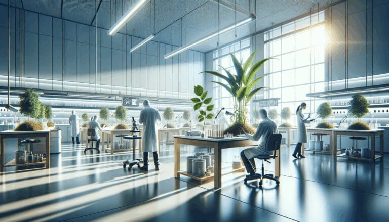 Laboratorio biotecnológico moderno con científicos trabajando en plantas bajo luz natural.
