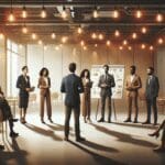 Emprendedores presentando proyectos en un moderno espacio de innovación, con luces cálidas y ambiente colaborativo.