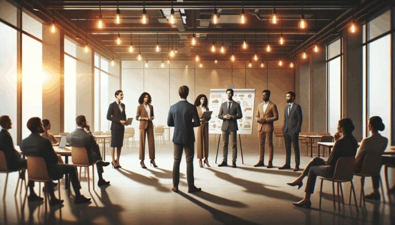 Emprendedores presentando proyectos en un moderno espacio de innovación, con luces cálidas y ambiente colaborativo.